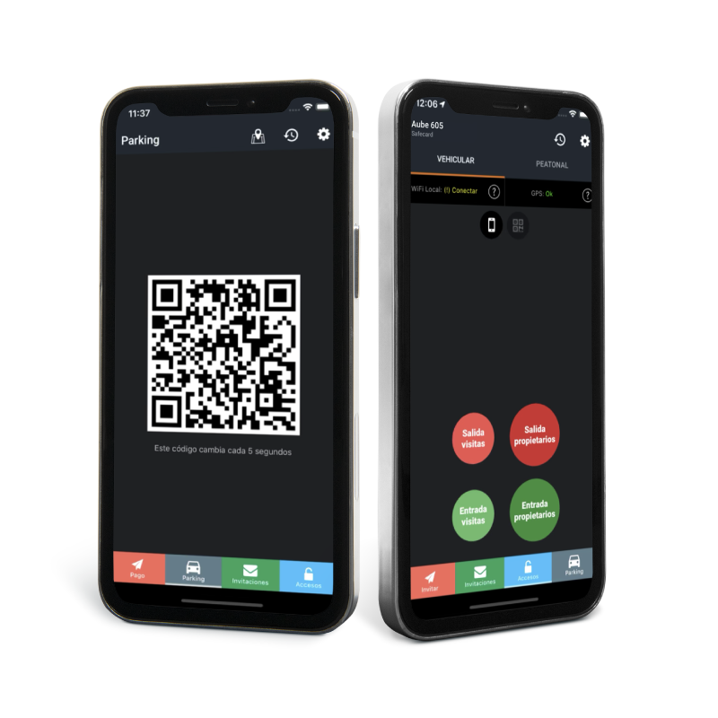 Dos teléfonos inteligentes mostrando una aplicación para gestión de estacionamientos. El teléfono de la izquierda muestra un código QR dinámico y el de la derecha tiene botones para la entrada y salida de visitantes y propietarios.