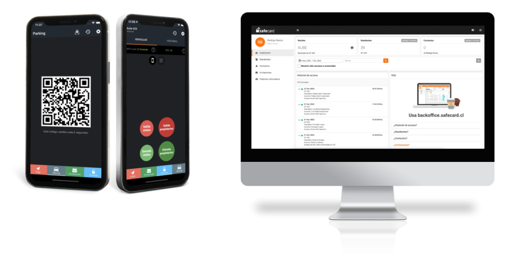Una imagen de dos teléfonos inteligentes mostrando una aplicación de control de acceso a estacionamientos junto a un monitor que presenta la interfaz de back-office de SafeCard con registros de acceso y opciones de administración.
